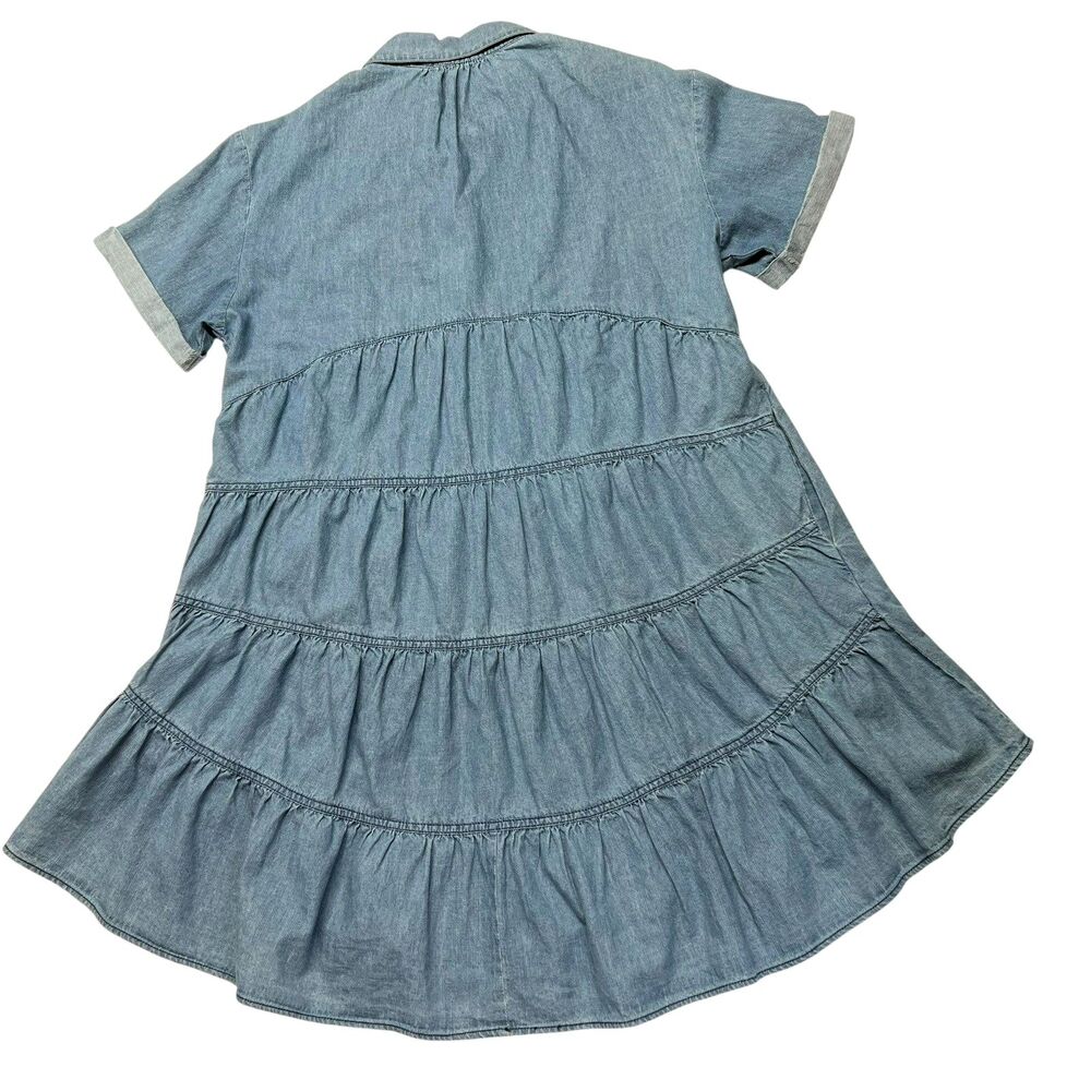 Miou Muse Light Denim Babydoll Dress Cuff Sleeve Tiered Back Button Front Large - Picture 4 of 13